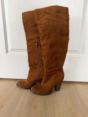 Over-the-Knee Suede Heeled Boots in Chestnut